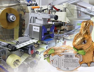 Druckmuster bei Etikettenkennzeichnung von Schokoladenhohlfiguren bei Brandt, Bilder: Domino Deutschland