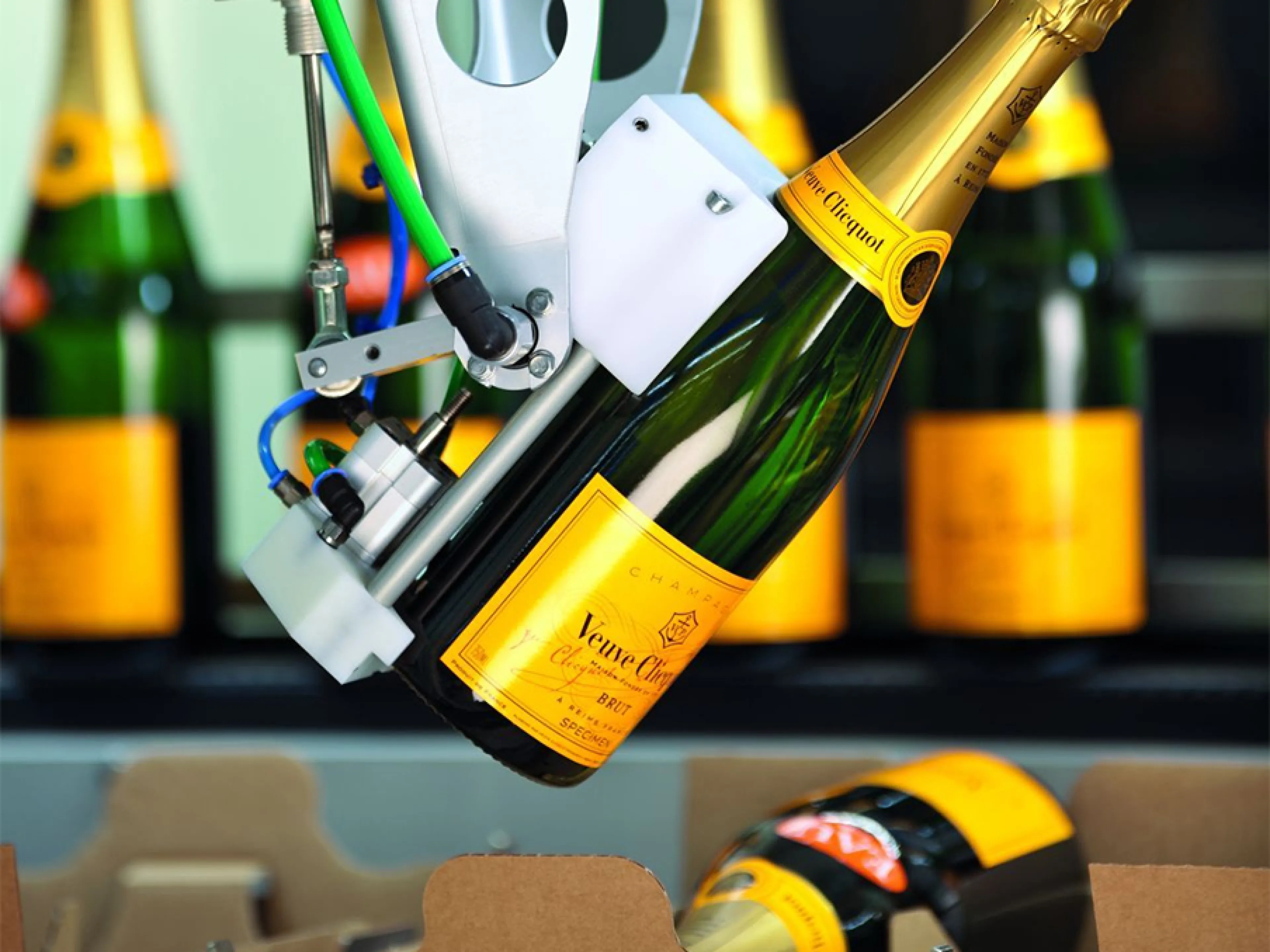 Robotergestützte Verpackungssysteme: Roboter handeln wertvolle Champagner-Flaschen, ohne die Etiketten zu berühren
