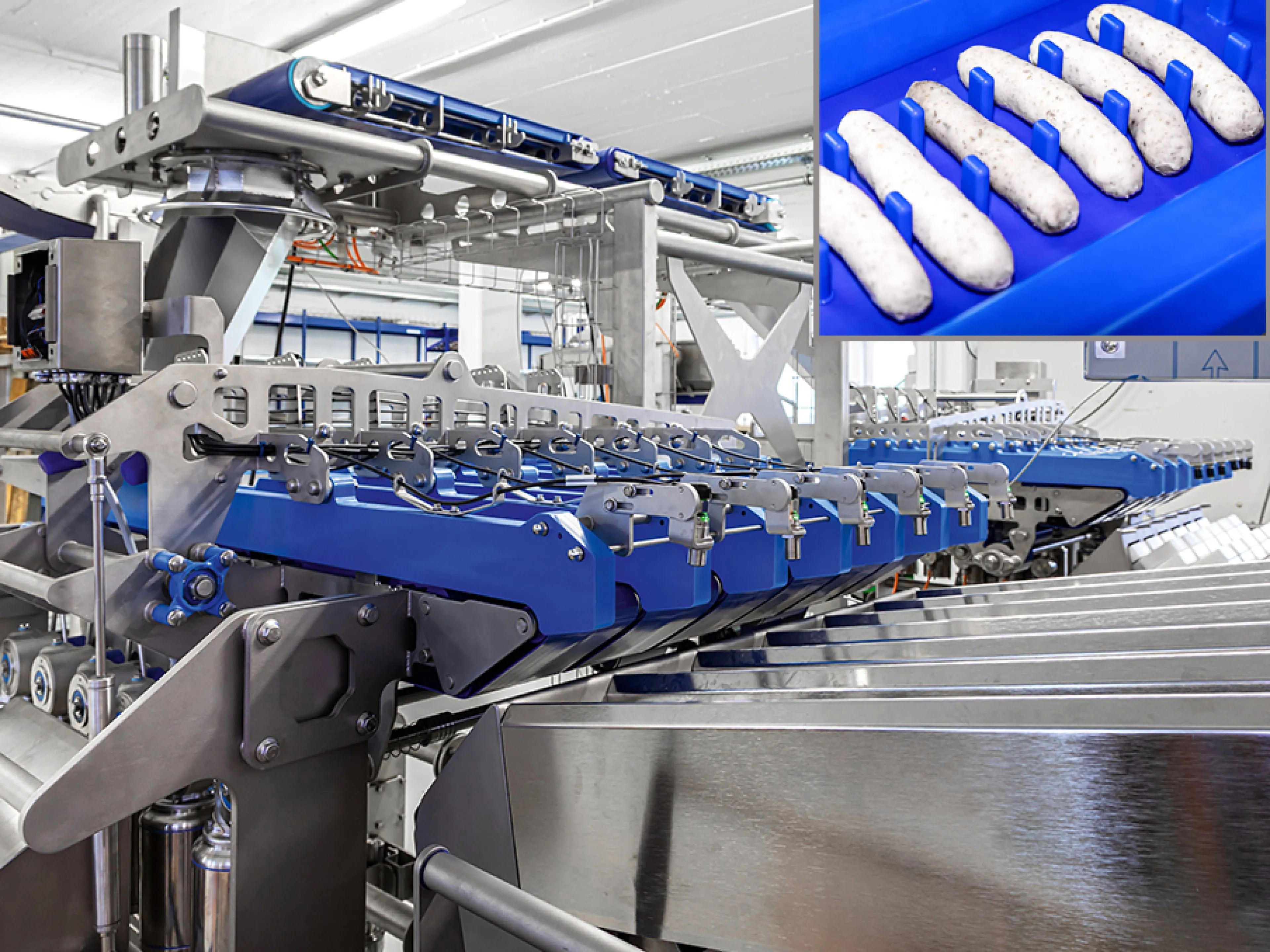 Automatisierung: Über ein Querförderband gelangen die im Pulk angedienten Nürnberger Rostbratwürste links und rechts über die beiden Verteilerrutschen auf die erste Bandstation. Füllstandsensoren überwachen die gleichmäßige Belegung. Jede Wurst ist hinsichtlich Länge, Durchmesser und Krümmung ein bisschen anders, was die automatisierte Handhabung zur Herausforderung macht