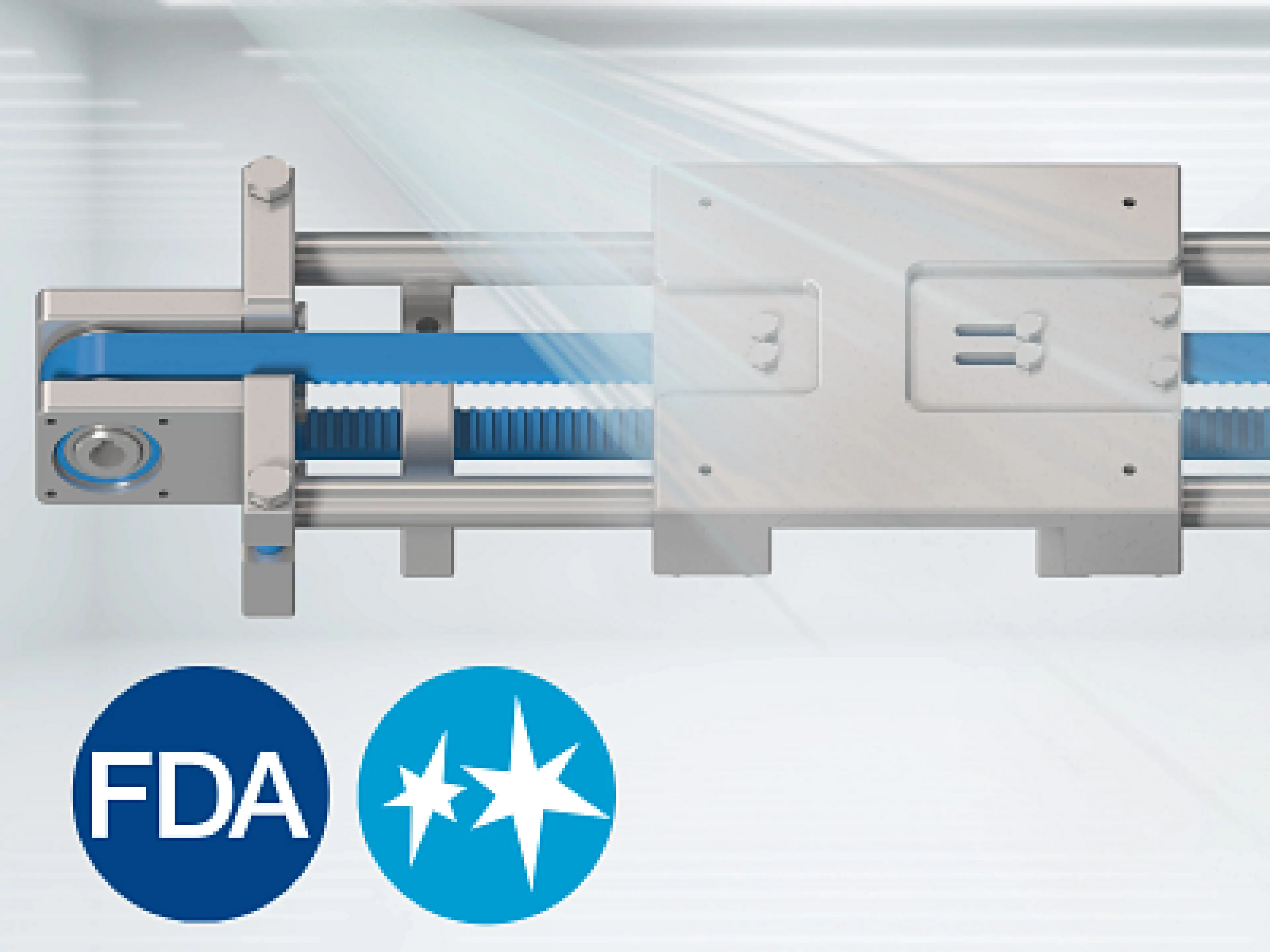 Leicht zu reinigen, schmier- und wartungsfrei: Die neue Drylin ZLW-Zahnriemenachse ist angelehnt an Hygienic Design Prinzipien und verwendet FDA konforme Materialien
