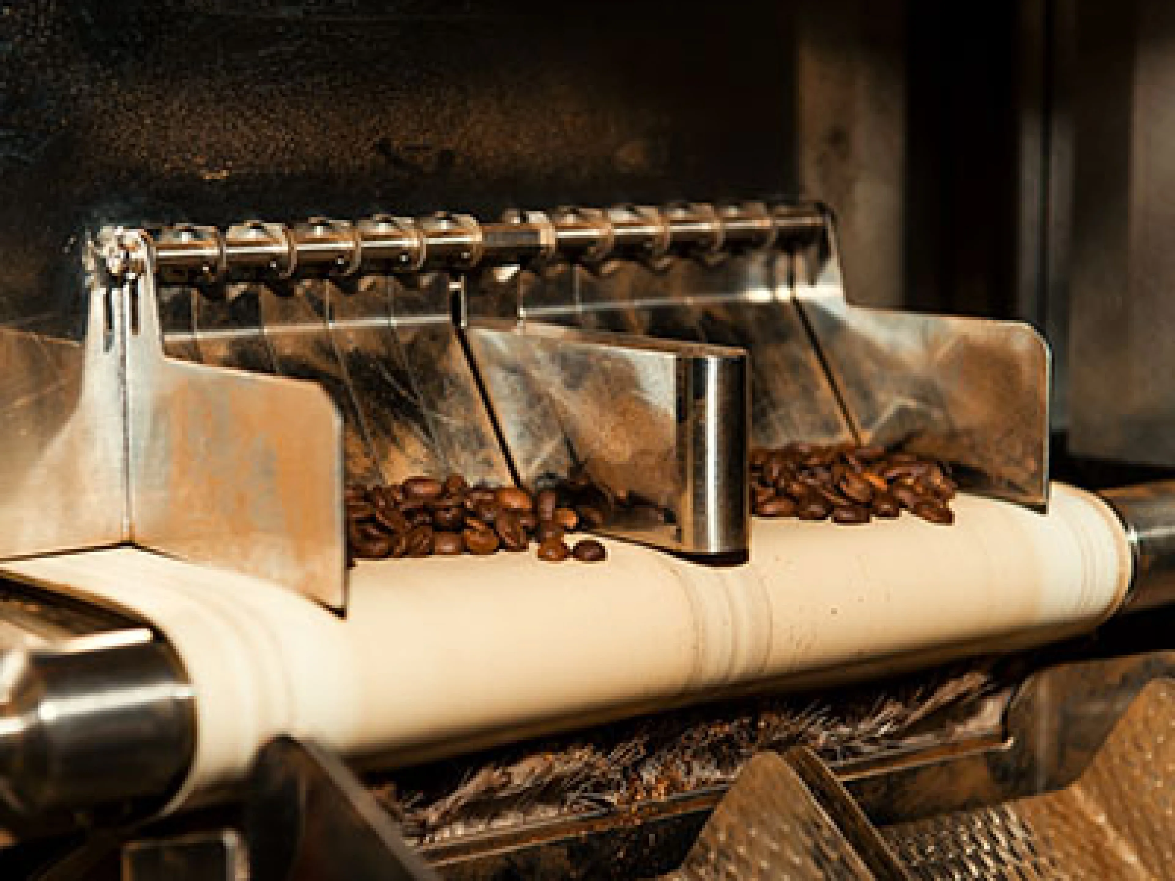 Kaffeebohnen kommen aus der Prüfkammer des Röntgenprüfsystems