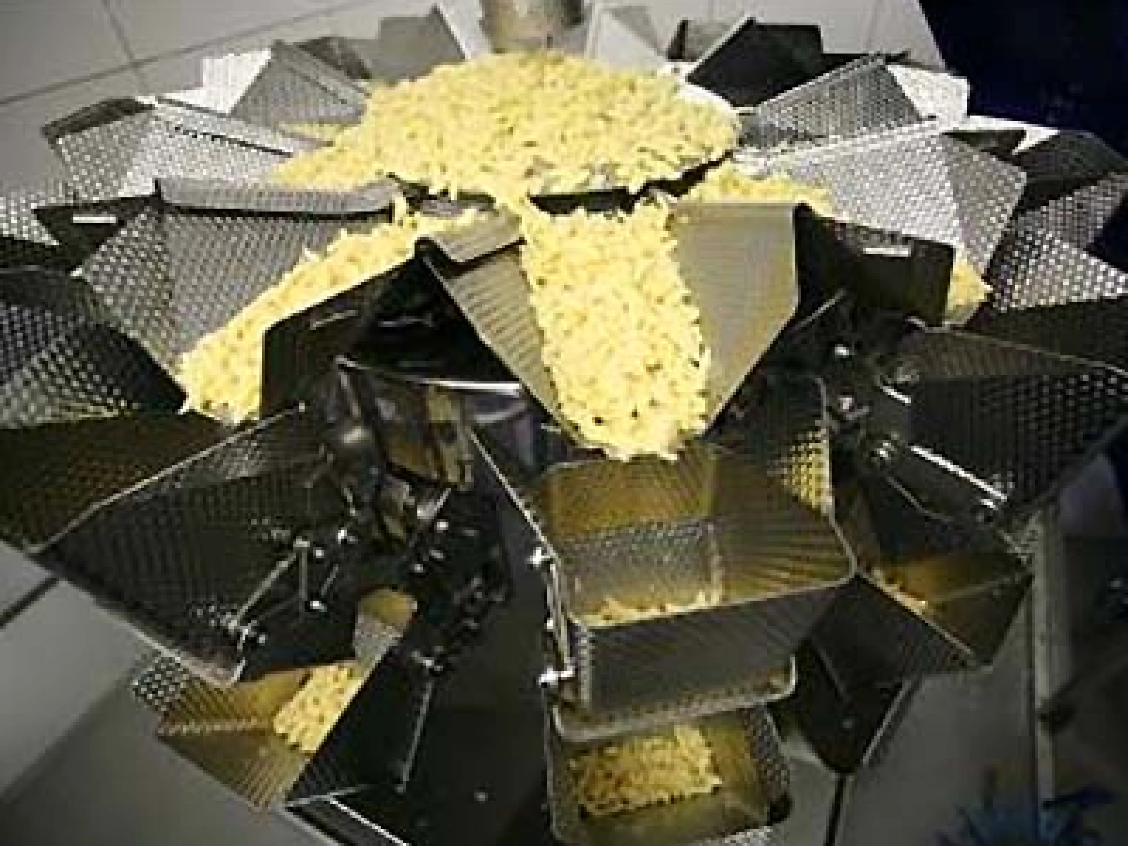 Die frischen Eierspätzle werden durch vibrierende Radialrinnen zu den Schalen befördert