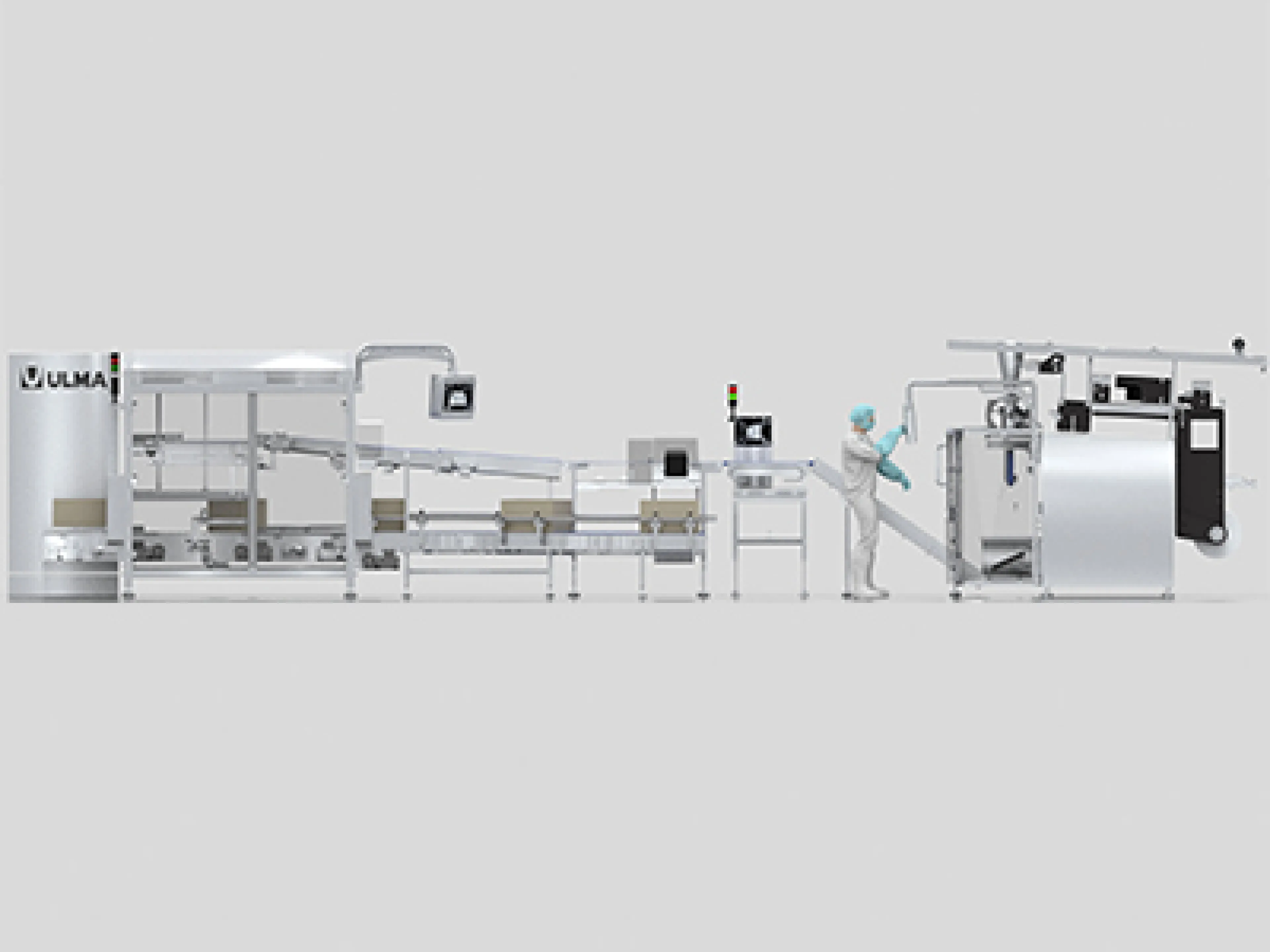 Linie mit der vertikalen Verpackungsmaschine VTC 840 und automatischem Schwerkraftkartonierer von Ulma