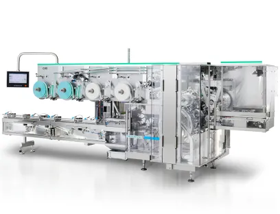 High-Speed-Maschine CHS verpackt 1.600 Produkte pro Minute in Brieffaltung, Bild: Theegarten-Pactec Hochgeschwindigkeits-Verpackungsmaschine CHS von Theegarten-Pactec verpackt 1.600 Produkte pro Minute in Brieffaltung