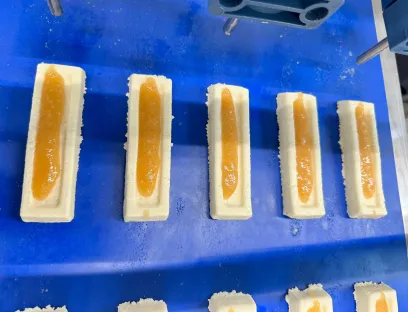 Präzise Dosiertechnik übernimmt die Befüllung der Fitnessriegel als Topping, Bild: Viscotec Dosiertechnik sorgt für die Befüllung der Fitnessriegel