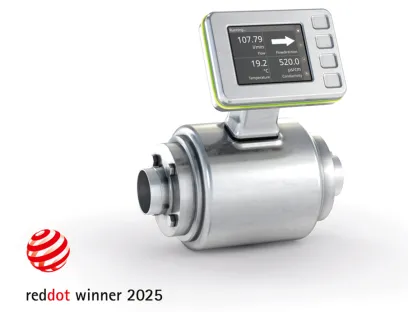 Der hygienische Durchflusssensor SM Foodmag wird mit dem Red Dot Design Award 2025 ausgezeichnet, Bild: Ifm Der hygienische Durchflusssensor SM Foodmag wird mit dem Red Dot Design Award 2025 ausgezeichnet.