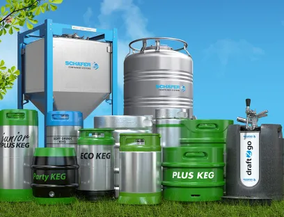Edelstahl-KEGs, IBCs und mobile Ausschanklösungen von Schäfer für Mehrweg- und Kreislaufanwendungen in der Getränke- und Lebensmittelverarbeitung