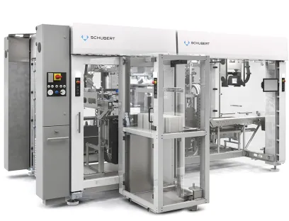 Verpackungsmaschinen: Schubert Kartonierer mit A3-Aufrichteaggregat und Vertikalmagazin 