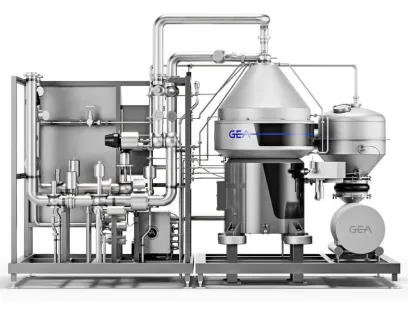Separator „GEA GSI 260“ auf Skid mit integrierter Water Saving Unit: kompakte Plug-&-Play-Lösung, die nahezu vollständig Frischwasser spart und schnell in Betrieb geht