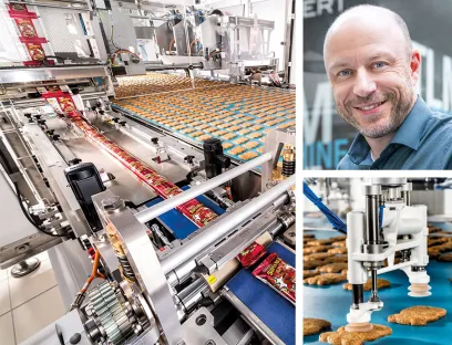 Stefan Horvath (rechts oben), Produktmanager im Packaging Competence Center im Interview über Schlauchbeutelverpackungen, die sich mit flexiblen Siegelaggregaten zuverlässig herstellen lassen (links). Beim Doppel-Pick greifen die Werkzeuge zwei Produkte nacheinander (rechts unten)