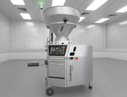 Vakuumfüllmaschine für empfindliche Produkte oder Produkte mit stückigen Einlagen, wie Aspik oder Schinken