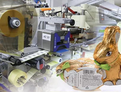 Druckmuster bei Etikettenkennzeichnung von Schokoladenhohlfiguren bei Brandt, Bilder: Domino Deutschland