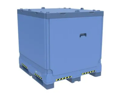 Der faltbare IBC Combo Fructus von Schoeller Allibert eignet sich speziell für die Lagerung und den Transport von Fruchtsäften oder Tomatenmark, Bild: Schoeller Allibert GmbH Der faltbare IBC Combo Fructus von Schoeller Allibert