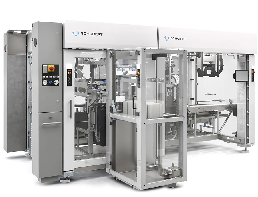 Kartonierer mit A3-Aufrichteaggregat und Vertikalmagazin, Bild: Schubert Verpackungsmaschinen: Schubert Kartonierer mit A3-Aufrichteaggregat und Vertikalmagazin