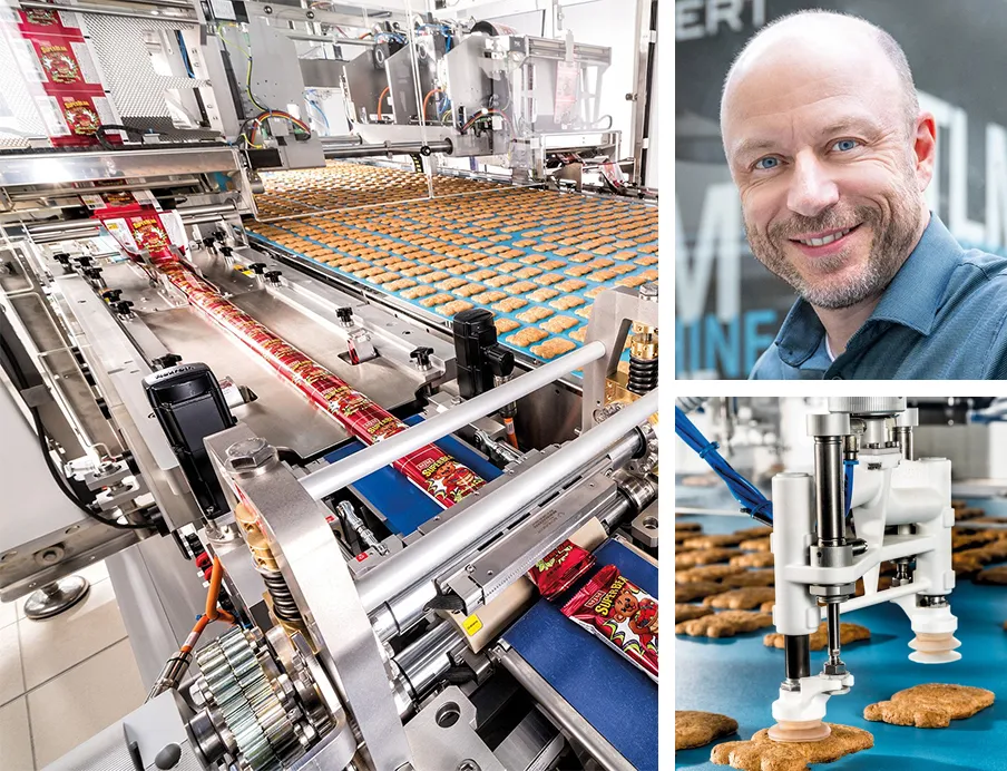 Stefan Horvath (rechts oben), Produktmanager im Packaging Competence Center im Interview über Schlauchbeutelverpackungen, die sich mit flexiblen Siegelaggregaten zuverlässig herstellen lassen (links). Beim Doppel-Pick greifen die Werkzeuge zwei Produkte nacheinander (rechts unten)