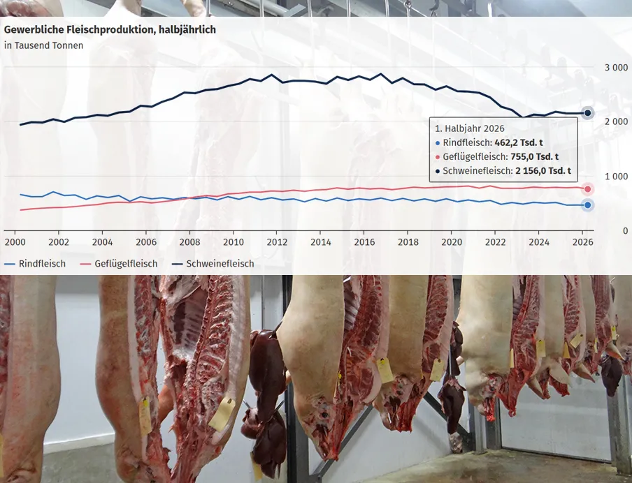 Fleischproduktion: Im ersten Halbjahr 2026 wurden nach vorläufigen Ergebnissen knapp 3,4 Millionen Tonnen Fleisch in Deutschland produziert