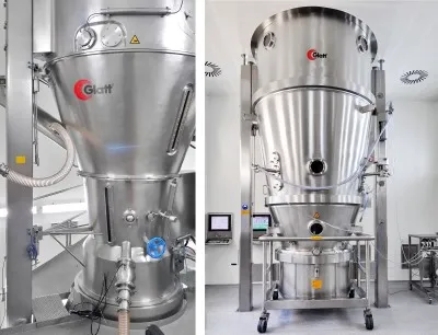 Beide Anlagen (links: Wirbelschichtgranulator mit kontinuierlichem Produktaustrag, rechts: Batch-Wirbelschicht-Granulator und -Coater) im Glatt Technologiezentrum in Weimar verarbeiten lösemittelbasierte Produkte, Bild: Glatt Ingenieurtechnik Beide Anlagen im Glatt Technologiezentrum in Weimar verarbeiten lösemittelbasierte Produkte